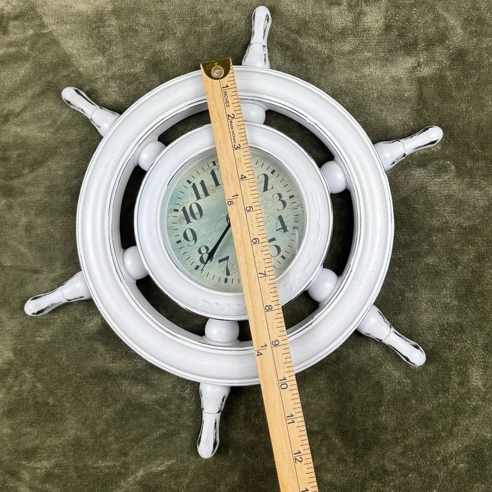 Nautical Ship Wheel Wall Clock Distressed White Coastal Decor 13 Inch Quartz